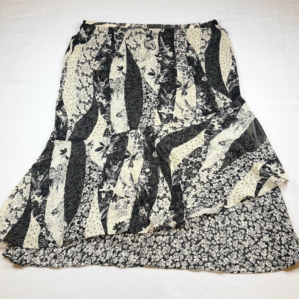R.Q.T. Womens Black White Floral Polka Dot Mixed Print Asymmetric Midi Skirt 16